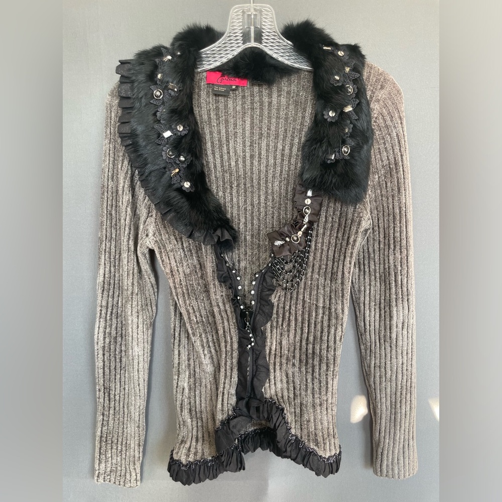 CARINA SZ Medium faux fur bedazzled cardigan with chain, ruffle and bead details